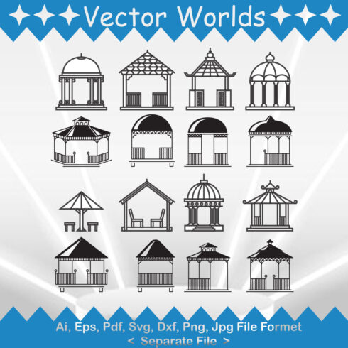 Pack of vector gorgeous images of gazebo silhouettes.