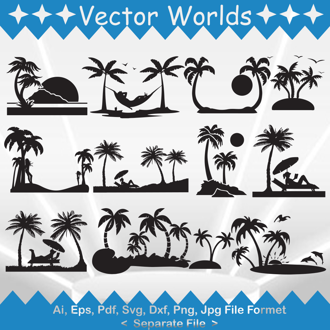 Pack of vector elegant beach stencil images in black color.