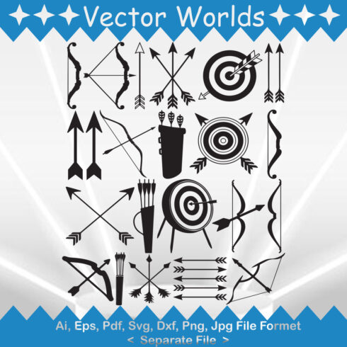 A pack of vector adorable images of a bow and arrow in black.