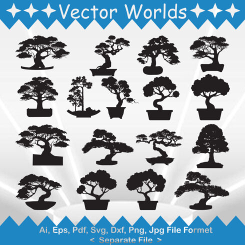 A bundle of vector exquisite images of the silhouette of a bonsai tree.