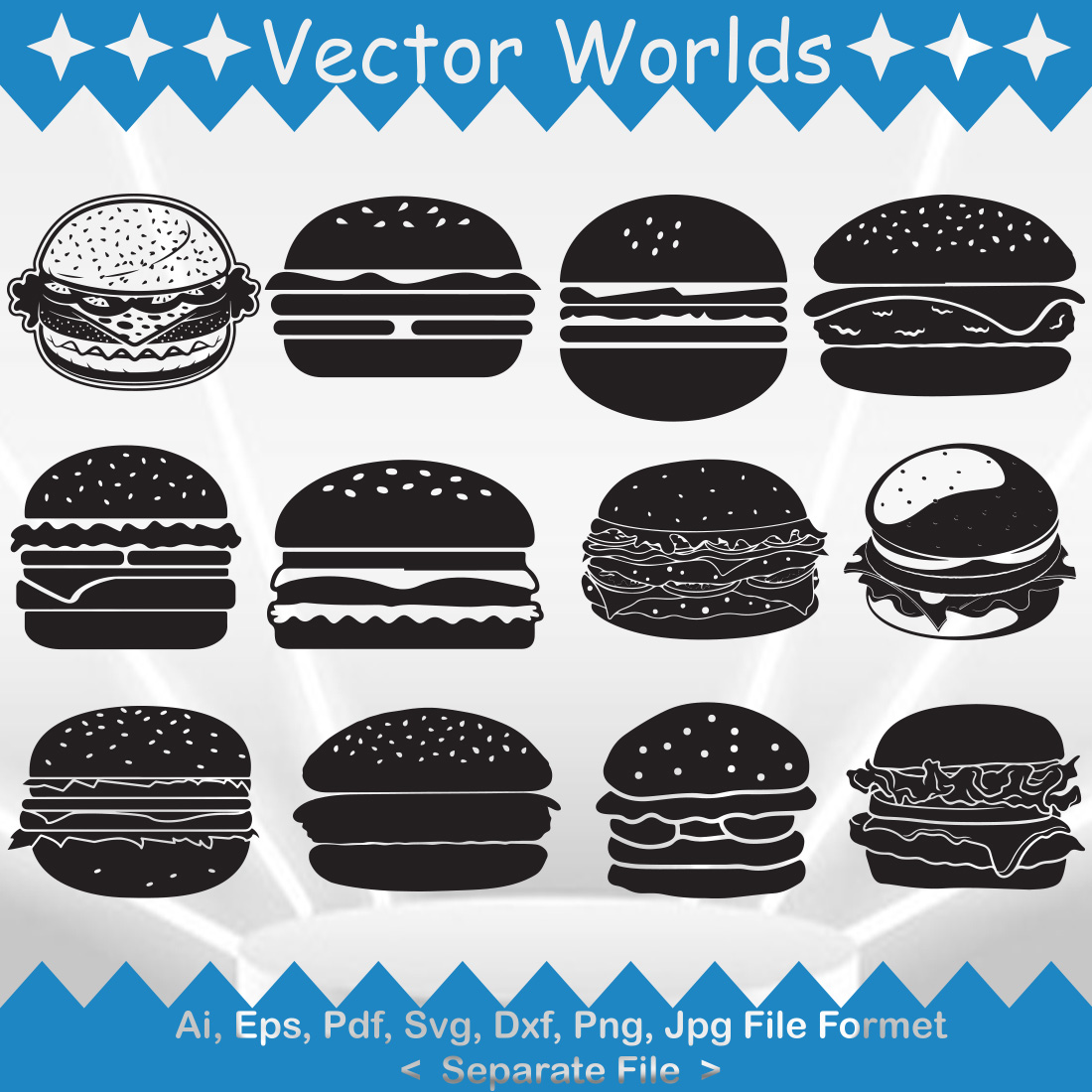 A selection of vector beautiful images of the silhouette of burgers.