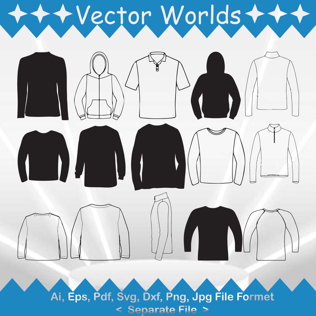 Collection of vector irresistible images of silhouettes of long sleeve shirts.