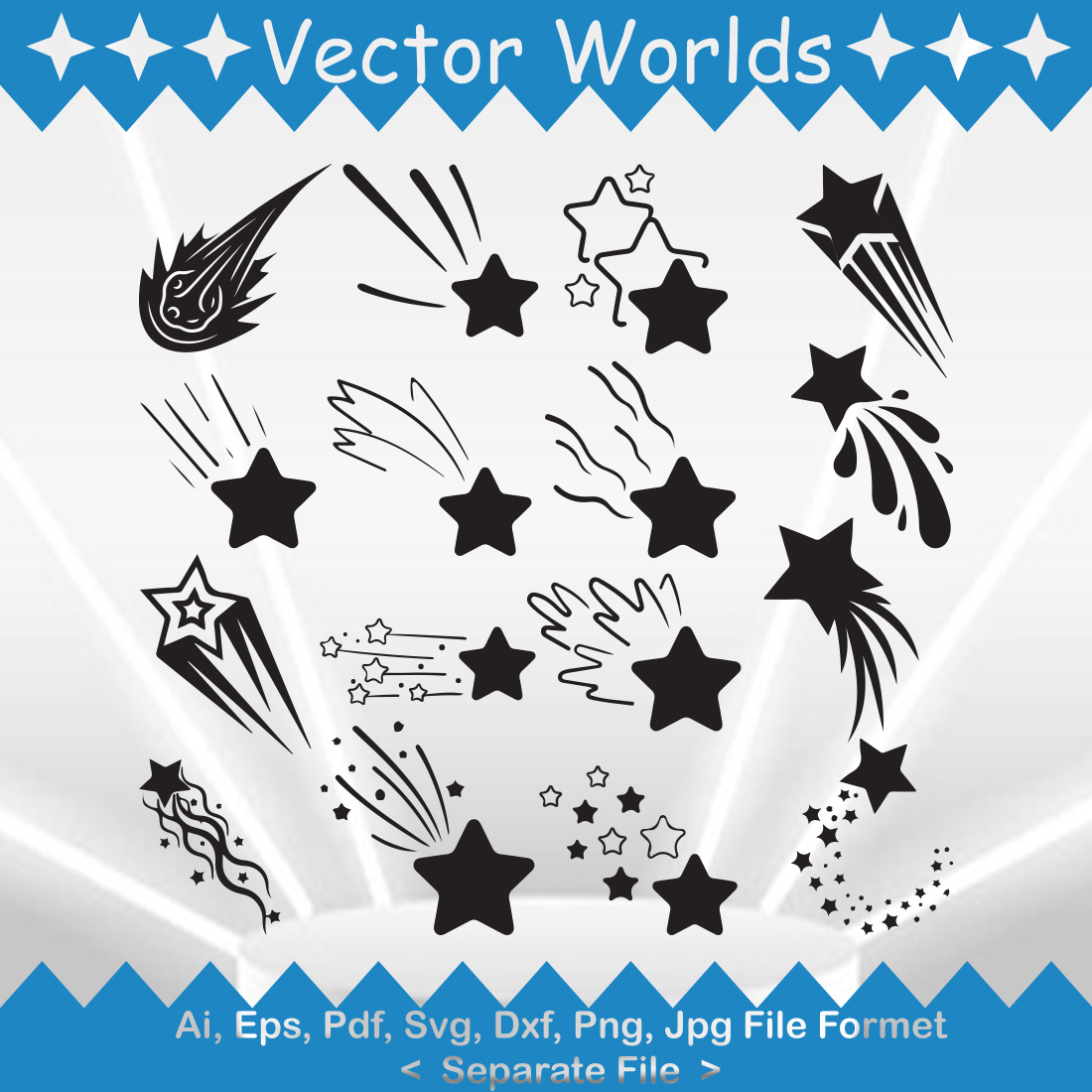 Set of vector gorgeous images of meteor comet silhouettes.