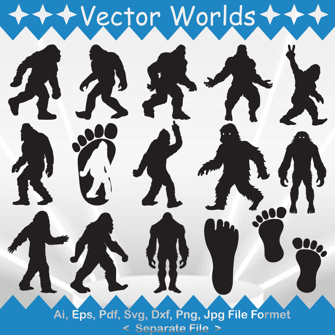 Big set of silhouettes of bigfoots.