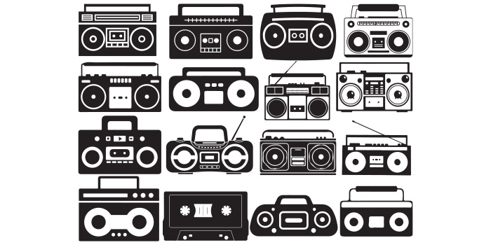 Set of vector unique boomboxes silhouette images.