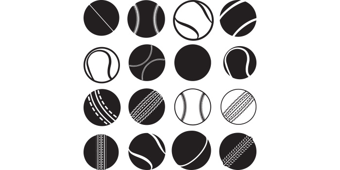 Set of unique images of silhouettes of cricket balls.