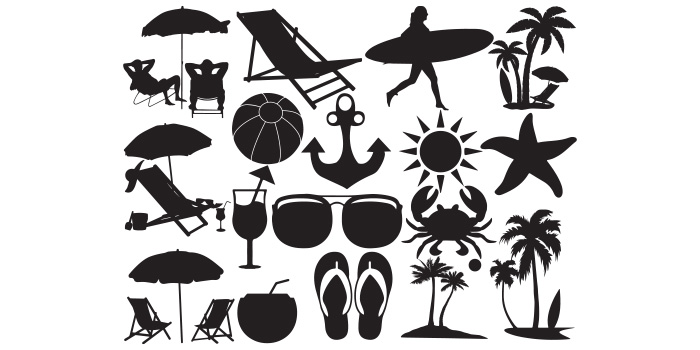 Bundle of vector charming images on the theme of the beach in black.