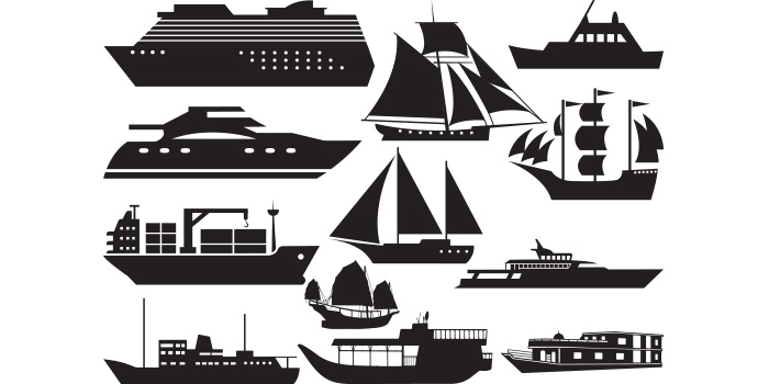 Bundle of vector enchanting images of houseboat silhouettes.