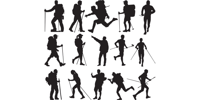 Collection of vector irresistible trekking silhouette images.