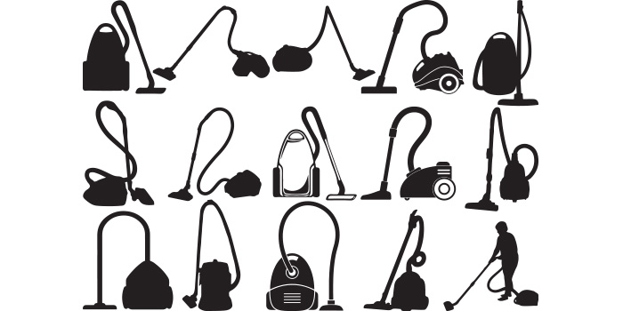Collection of vector exquisite images of silhouettes of vacuum cleaners.