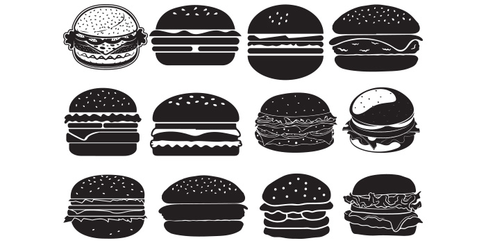 Bundle of vector marvelous burger silhouette images.