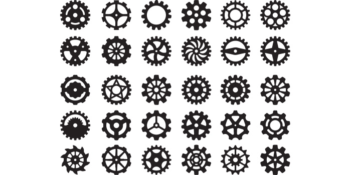 A selection of vector exquisite images of gear wheel silhouettes.