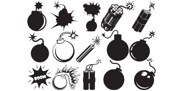 A bundle of vector enchanting images of the silhouette of bombs and dynamite.