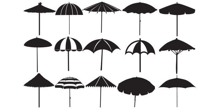 A selection of vector gorgeous images of beach umbrellas in black.