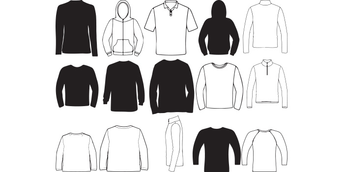 A selection of vector enchanting images of silhouettes of shirts with long sleeves.