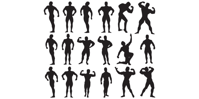 A selection of vector elegant images of the silhouette of a bodybuilder man.