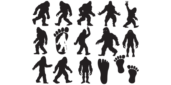 Collection of silhouettes of bigfoots.