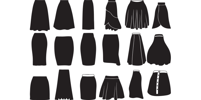 Collection of vector irresistible images of silhouettes of long skirts.