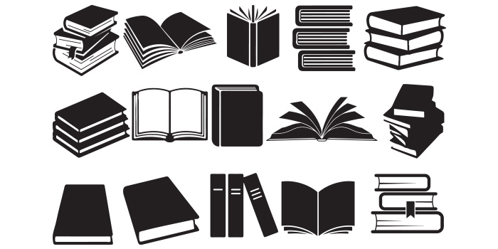 Collection of vector wonderful images of books in black color.