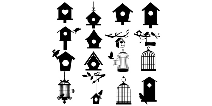 Set of vector gorgeous images of bird houses in black color.