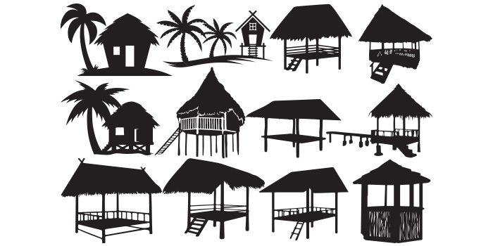 Bundle of vector amazing images of beach huts in black color.