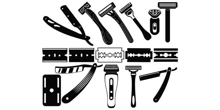 A selection of vector exquisite images of razor blades in black color.