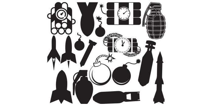 Set of vector amazing images of bombs and grenades in black.