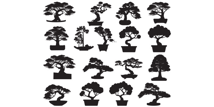 Pack of vector adorable images of bonsai tree silhouette.