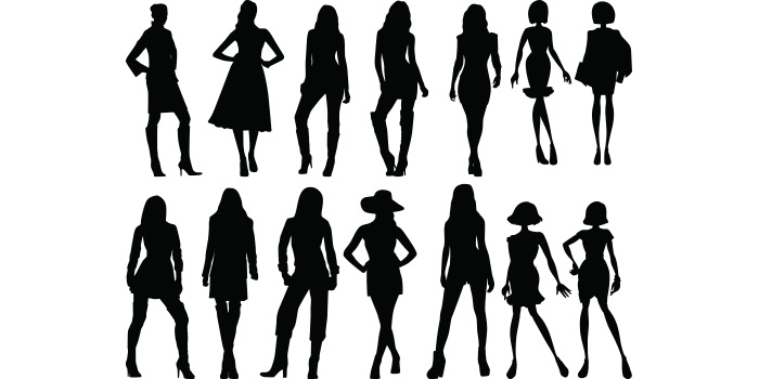 Pack of vector charming images of fashionable women silhouettes.