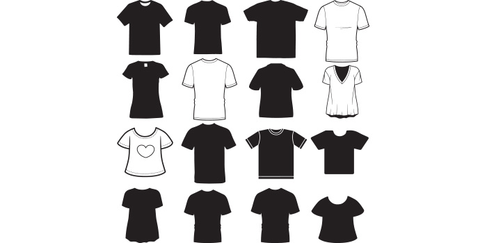 Bundle of vector enchanting images of short sleeve t-shirt silhouettes.