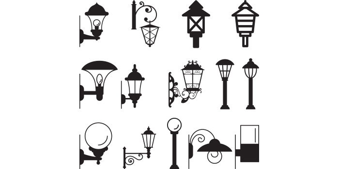 Pack of vector adorable images of silhouettes of garden lamps.