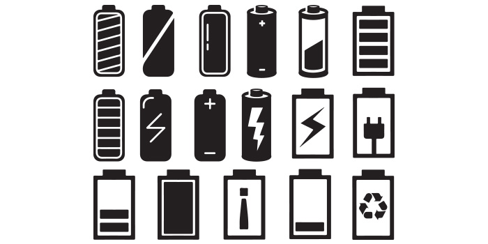 Collection of vector enchanting images of batteries in black.