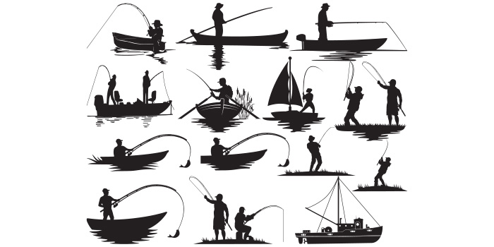 Collection of vector amazing images of silhouettes of fishermen on boats.