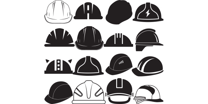 Set of vector beautiful images of hard hat silhouettes.