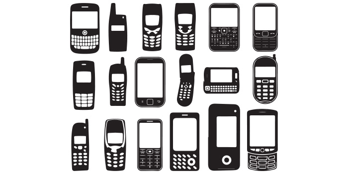 A bunch of vector irresistible images silhouettes of button phones.