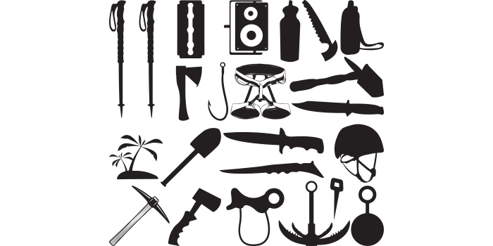 A selection of vector wonderful images of mountaineers tool silhouettes.