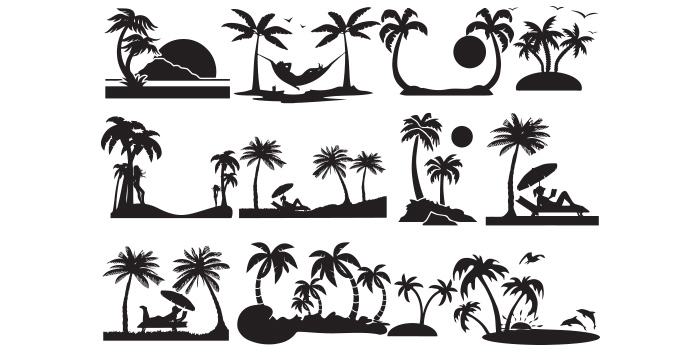Set of vector unique images of beach stencils in black color.