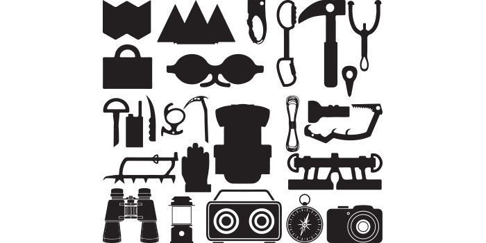Pack of vector amazing images of trekking equipment silhouettes.