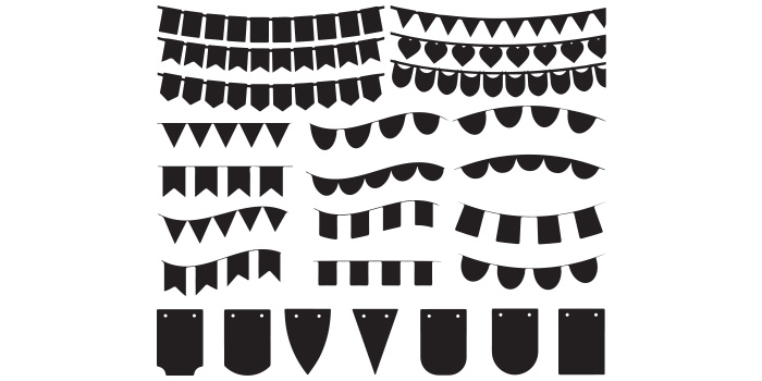 Collection of vector charming images of bunting banners in black color.