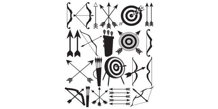 Set of vector beautiful images of bow and arrows in black color.