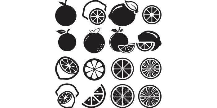 A selection of vector exquisite images of silhouettes of oranges.