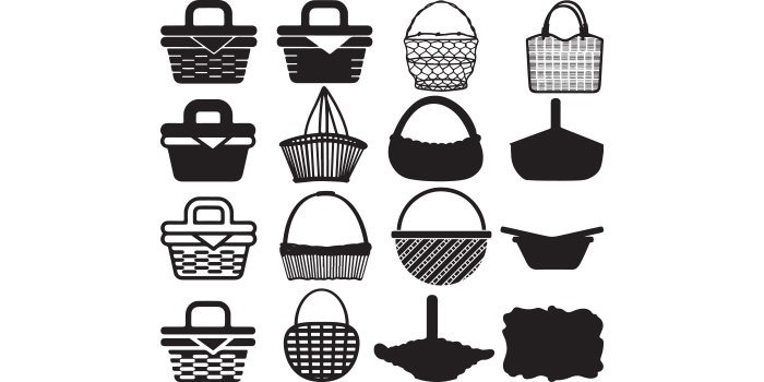 Collection of vector beautiful images of silhouettes of wicker picnic baskets.