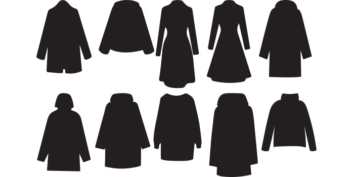 Set of vector irresistible images of winter coat silhouettes.