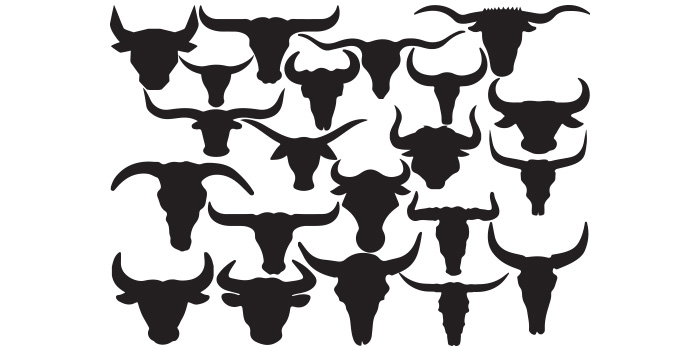 Bunch of longhorns are shown in black on a white background.