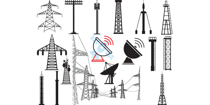 Set of vector irresistible images of transmission tower silhouettes.