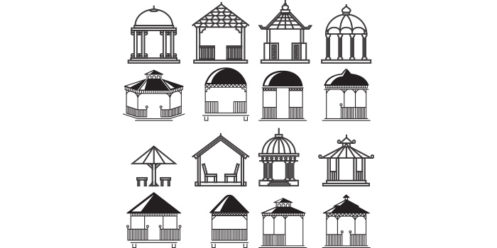 Collection of vector beautiful images of gazebo silhouettes.