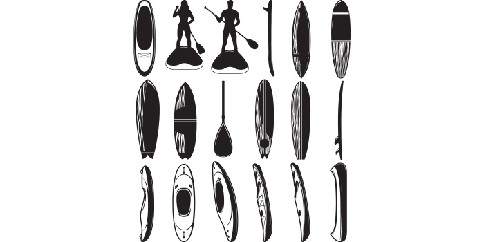Pack of vector adorable images of paddle board silhouettes.