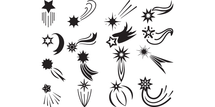 Set of vector elegant images of flat falling star silhouettes.