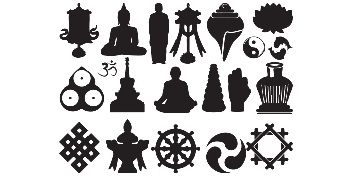 Collection of vector adorable images of silhouettes of buda symbols.