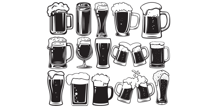 A selection of vector charming images of beer mugs.